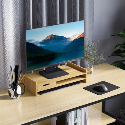 HOMCOM Monitor Riser Laptop PC Plinth Stand TV Computer Desktop Organiser W/ Drawer Bamboo