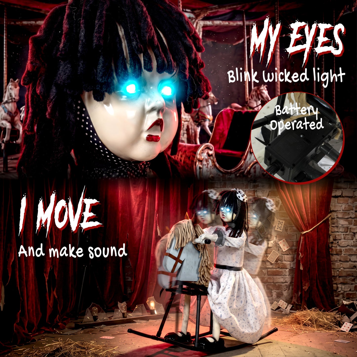 HOMCOM Animated Halloween Girl Riding Horse, Halloween Animatronics with Creepy Rhymes, Glowing Eyes, Sound/Touch Activated