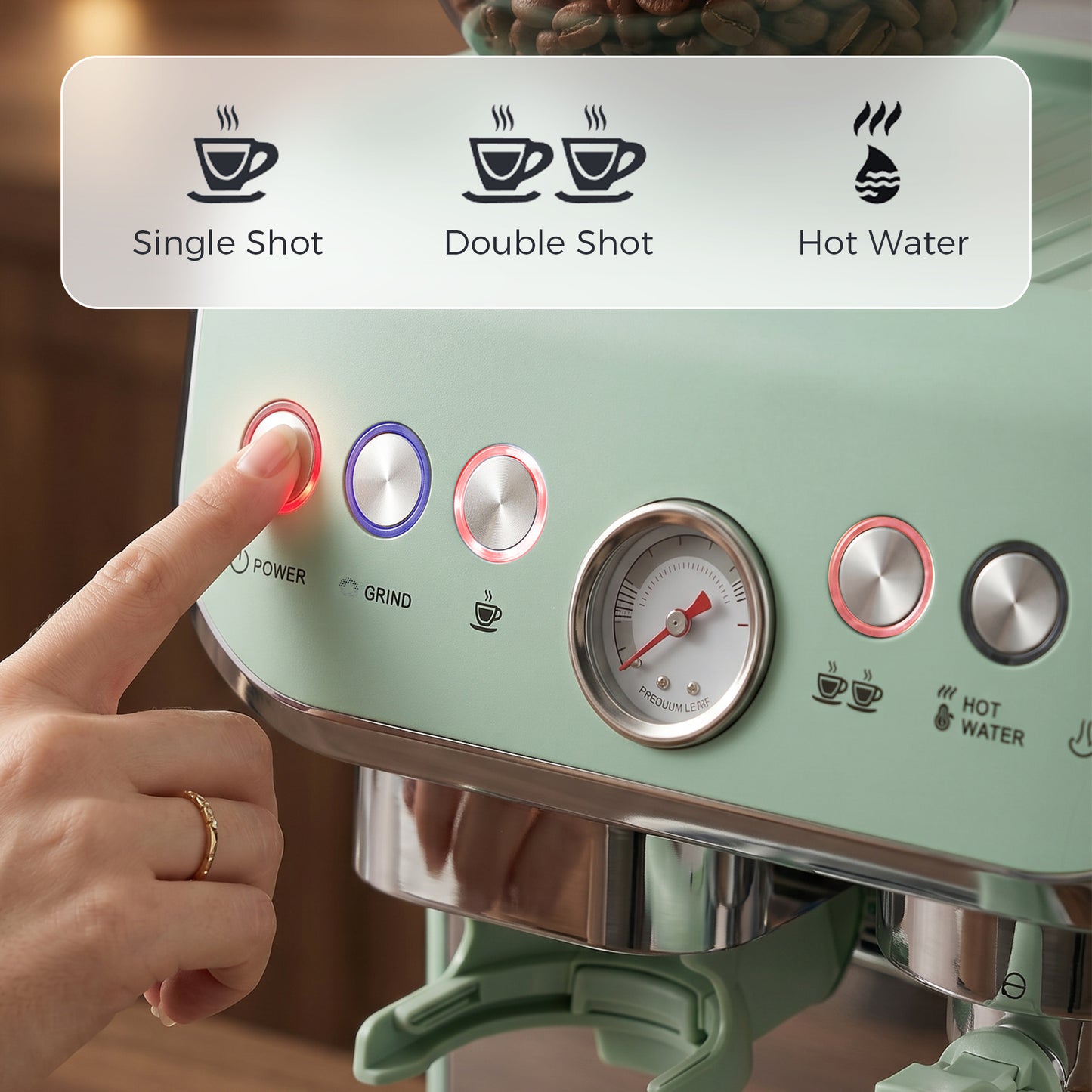 HOMCOM 15 Bar Coffee Machine, with Adjustable Grind, Steamer and Accessories - Light Green