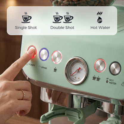 HOMCOM 15 Bar Coffee Machine, with Adjustable Grind, Steamer and Accessories - Light Green