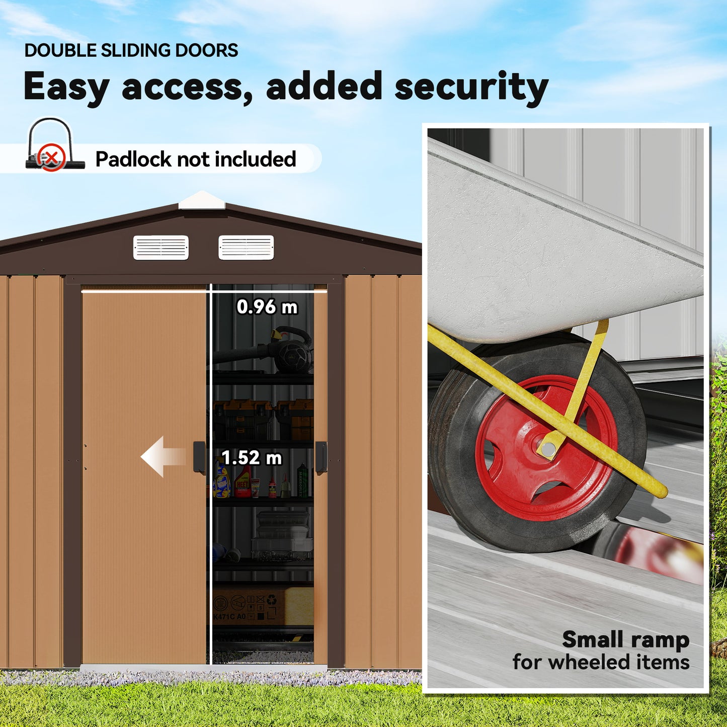 Outsunny 9 x 6ft Metal Garden Shed, Outdoor Storage Tool House with Ventilation Slots, Foundation Kit and Lockable Double Doors, Light Brown