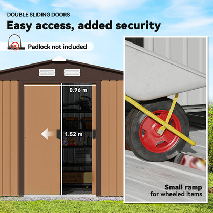 Outsunny 9 x 6ft Metal Garden Shed, Outdoor Storage Tool House with Ventilation Slots, Foundation Kit and Lockable Double Doors, Light Brown