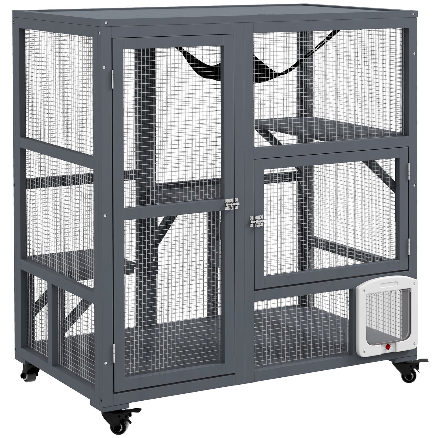 PawHut Cat House, Wooden Indoor Catio Cat Enclosure on Wheels, Wooden Kitty Cage with Platforms, Hammock, Light Grey