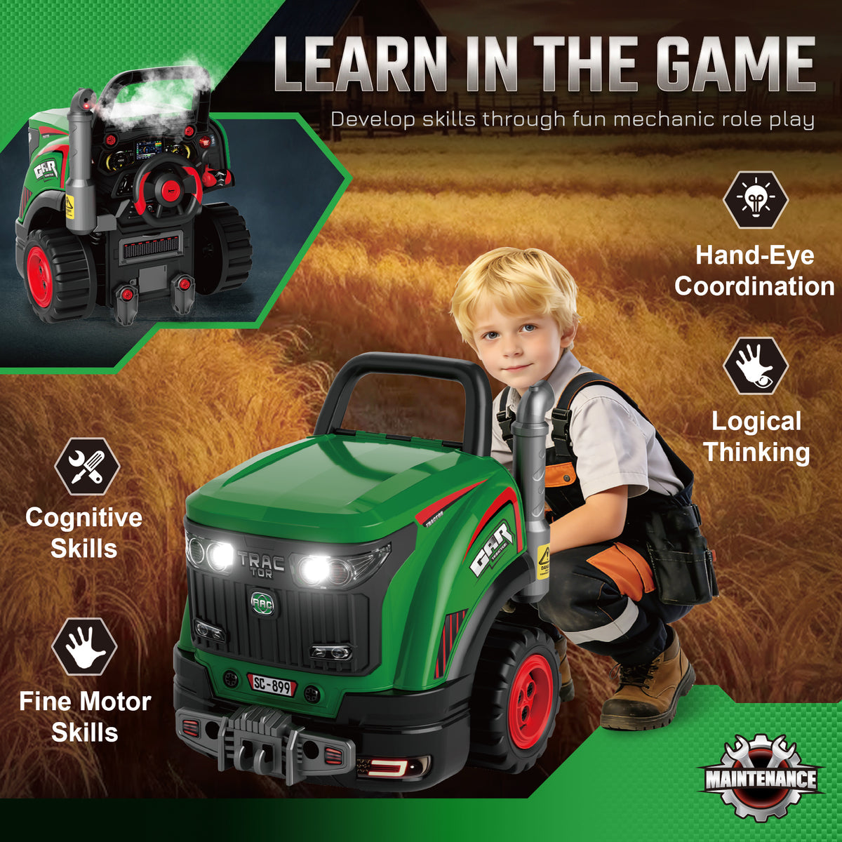 AIYAPLAY Kids Truck Engine Toy, Toy Steering Wheel with Spray, Lights and Sounds, Educational Gifts for 3-6 Years, Green