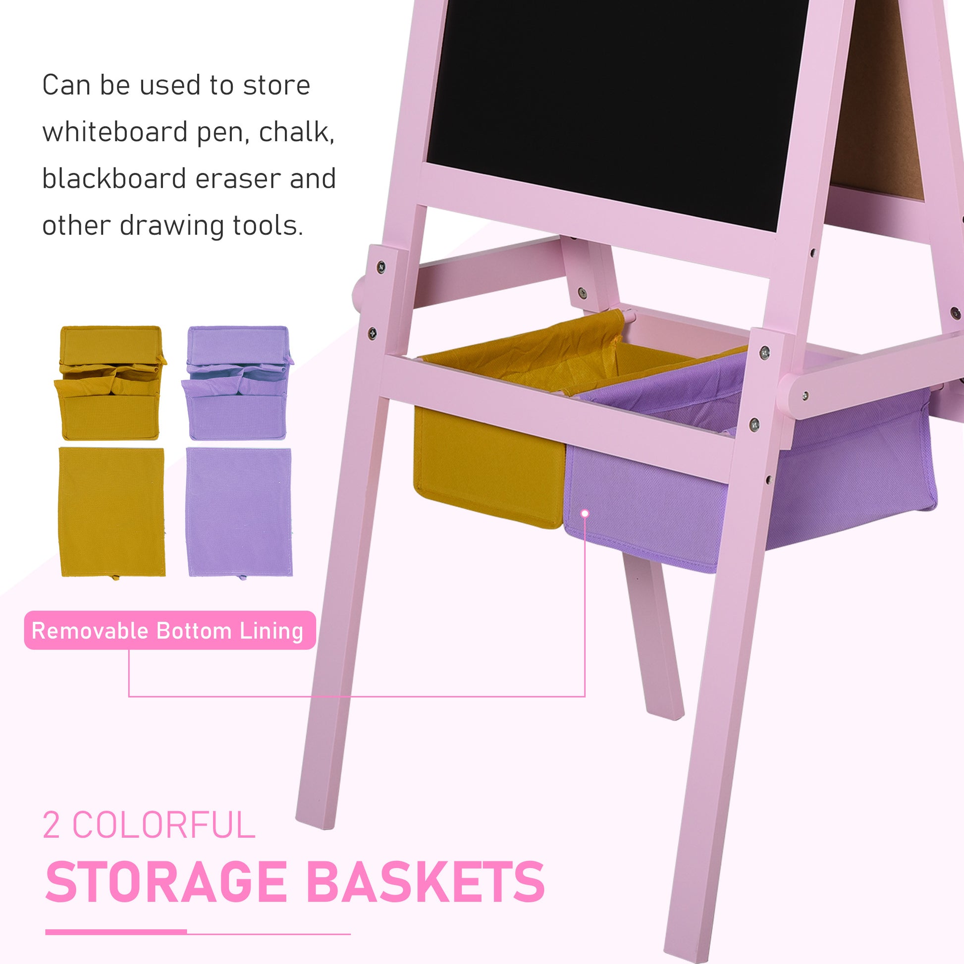 HOMCOM Kids Easel 3 in 1 Wooden Art Easel with Paper Roll Double-Sided Chalkboard & Whiteboard with Storage Baskets for Toddler Girls, Pink--ChewyGames-ChewyGames