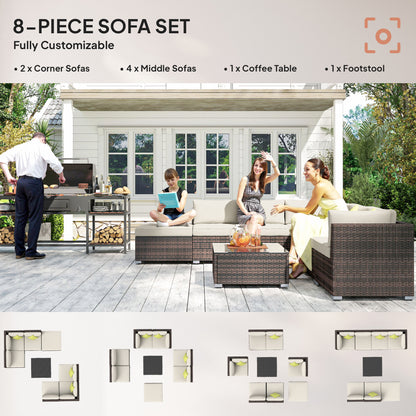Outsunny 8 Piece Rattan Corner Sofa Set with Wide & Deep Seat, Assembled Aluminium PE Rattan Garden Furniture Set with Thick Cushions and Glass Top Table for Outdoor, Conservatory, Mixed Brown-Outdoor Furniture Sets-ChewyGames-ChewyGames