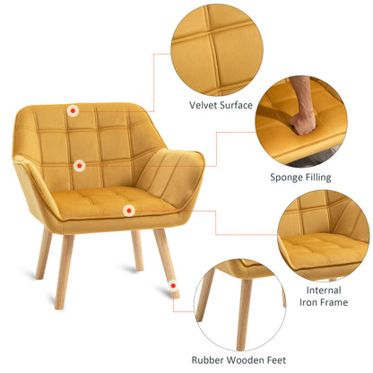 HOMCOM Accent Chair, Velvet Upholstered Vanity Tub Chair with Flared Armrests, Slanted Back, Solid Wood Legs, Comfy Padding Armchair, Home Bedroom Furniture Seating, Yellow