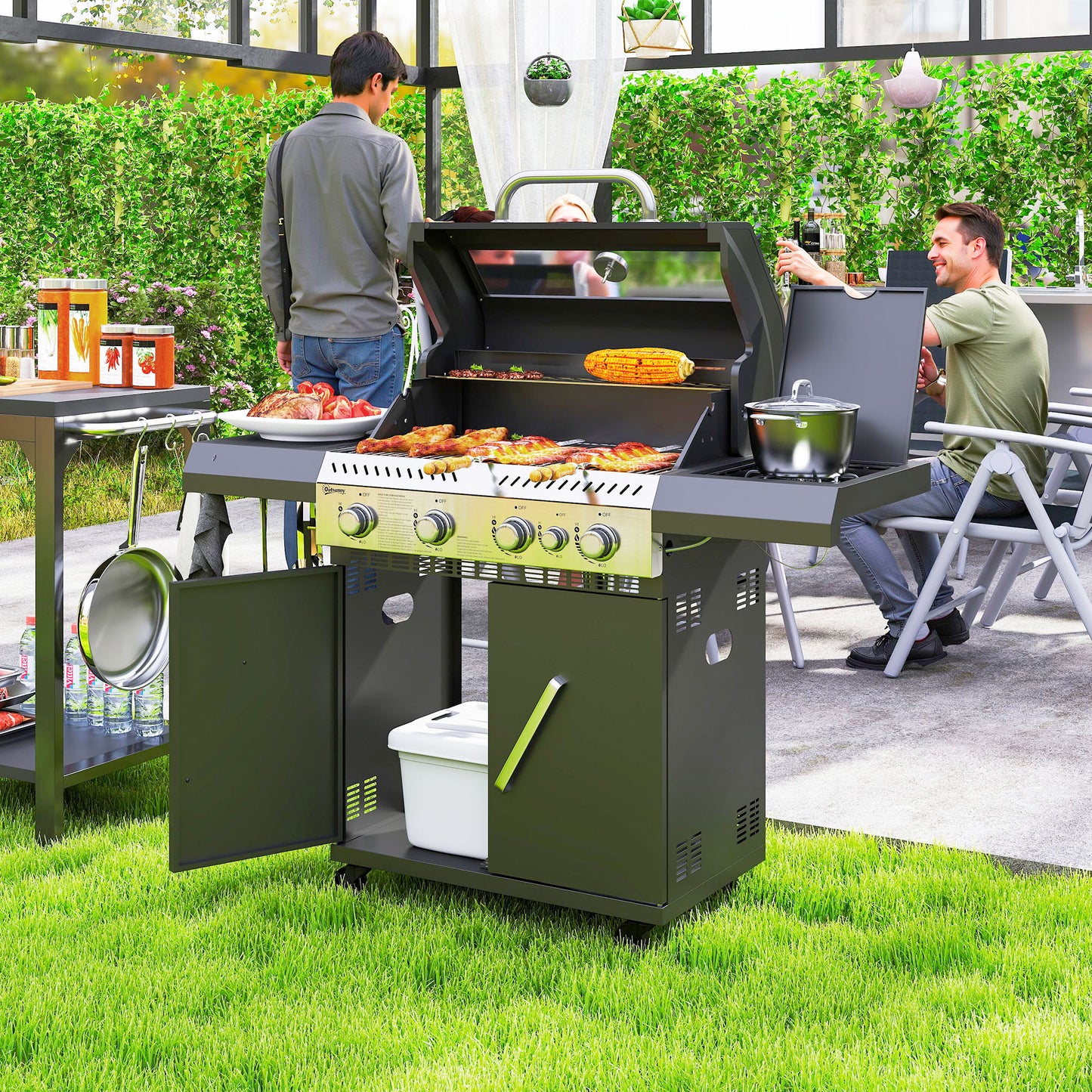 Outsunny 4+1 Burner Gas BBQ Grill with Clear View Lid, Portable Gas Barbecue Grill with Built-in Thermometer, Side Table, Cabinet, Wheels, Grease Tray for Garden Party Outdoor Cooking, Black
