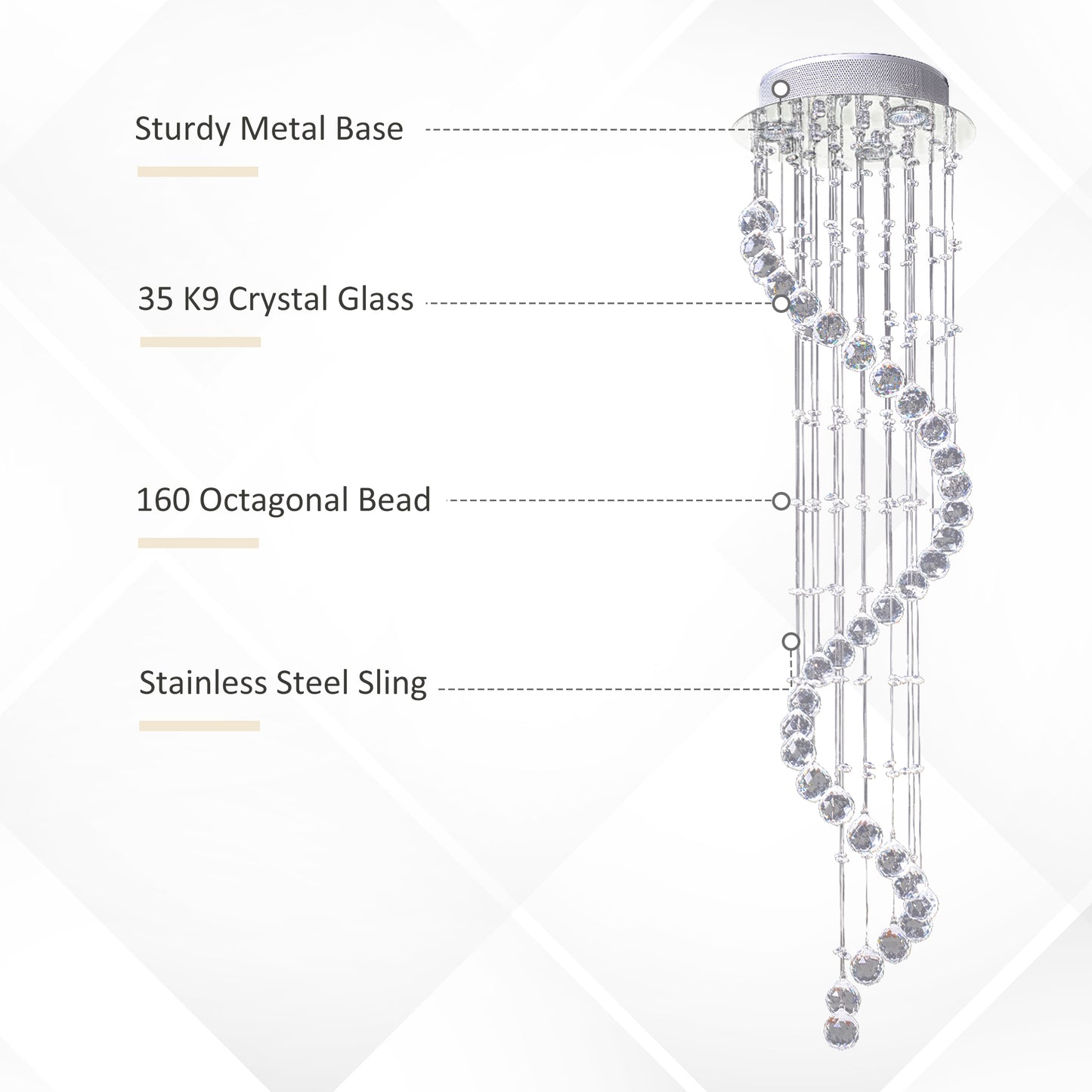 HOMCOM Modern Crystal Chandelier Ceiling Light Pendant Lamp Chrome Finish Glass Droplets New, for Living Room, Bedroom, Hallway, Ф30 x 120cm