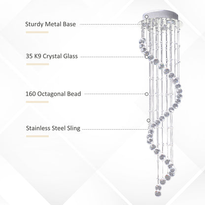 HOMCOM Modern Crystal Chandelier Ceiling Light Pendant Lamp Chrome Finish Glass Droplets New, for Living Room, Bedroom, Hallway, Ф30 x 120cm