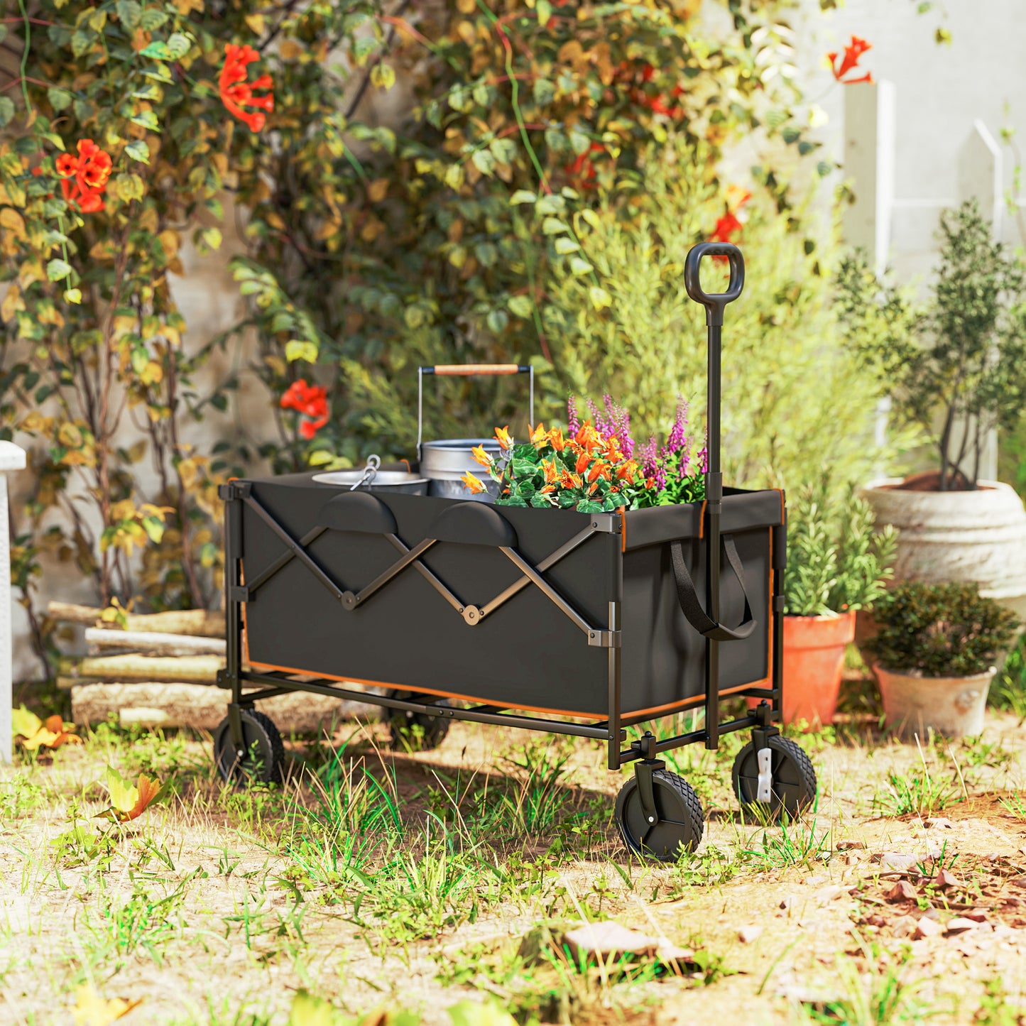 Outsunny 160L Festival Trolley on Wheels, Folding Camping Trolley Cart w/ Tailgate, 100kg Heavy Duty Garden Collapsible Folding Wagon w/Adjustable Handle, Carry Bag for Beach Picnic, Black and Orange
