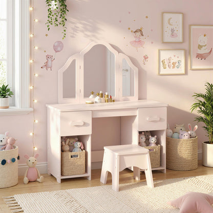 AIYAPLAY Kids Dressing Table, Kids Vanity Table and Chair Set with Tri-Folding Mirror, 2 Drawers, 2 Cabinets for Girls 3+, Pink