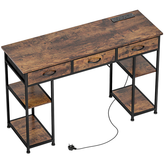 HOMCOM 120cm Computer Desk with Power Outlets, Office Desk Study Table with Fabric Drawers and Storage Shelves, Rustic Brown
