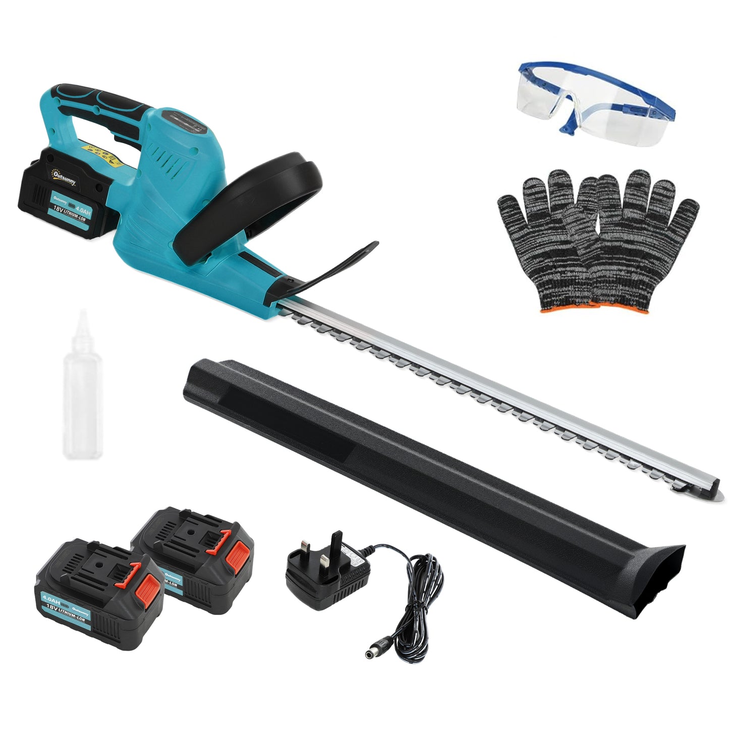 Outsunny 20" Cordless Hedge Trimmer, 18V Electric Hedge Cutter with 51cm Dual Action Blade, 2 x 4000mAh Batteries and Brushless Motor for Garden Branches, Shrubs, Twigs, Blue