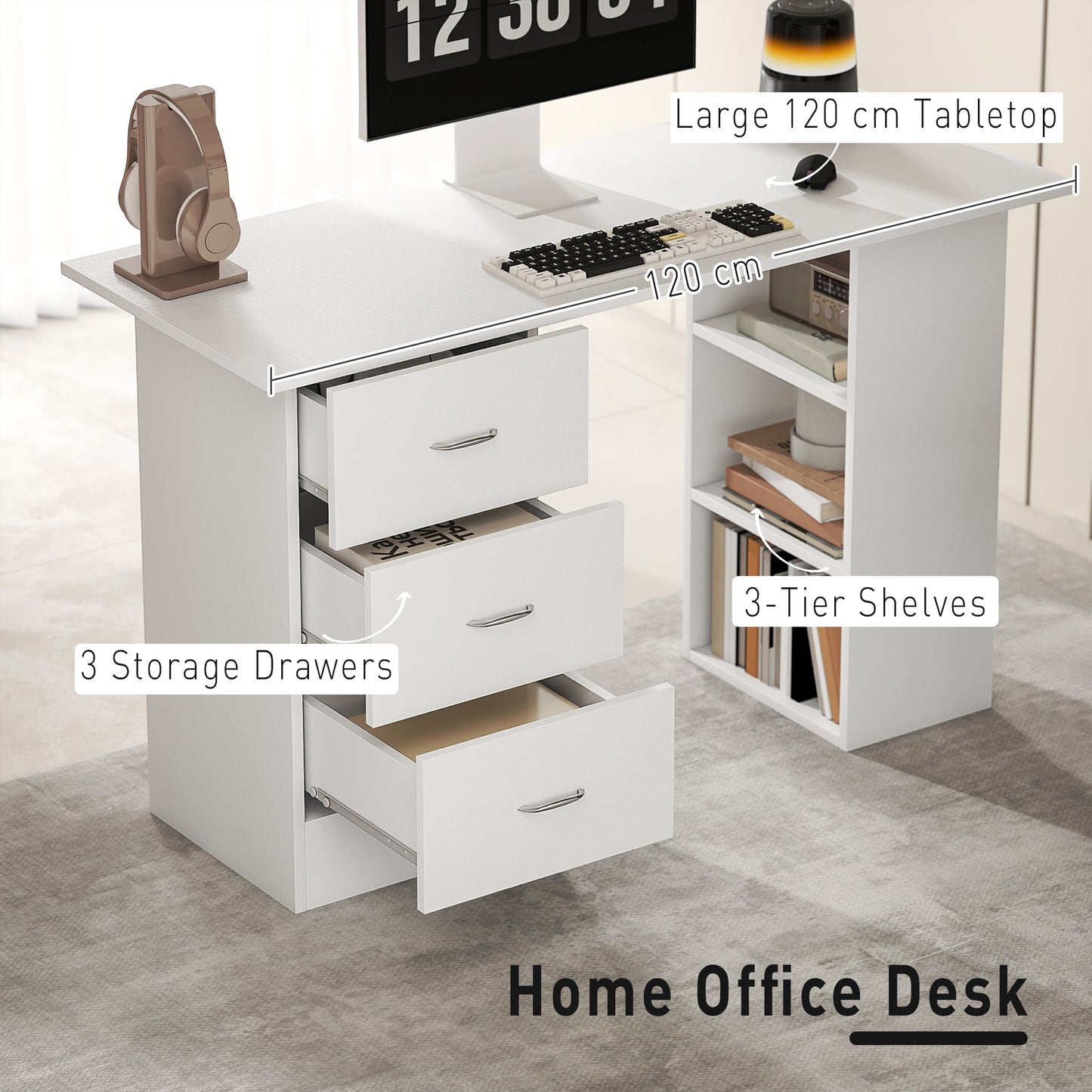 HOMCOM Computer Desk, Home Office Desk, Writing Table, PC Workstation with 3 Storage Shelves and 3 Drawers for Working, Study, 120 x 49 x 72 cm, White