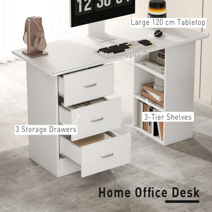 HOMCOM Computer Desk, Home Office Desk, Writing Table, PC Workstation with 3 Storage Shelves and 3 Drawers for Working, Study, 120 x 49 x 72 cm, White