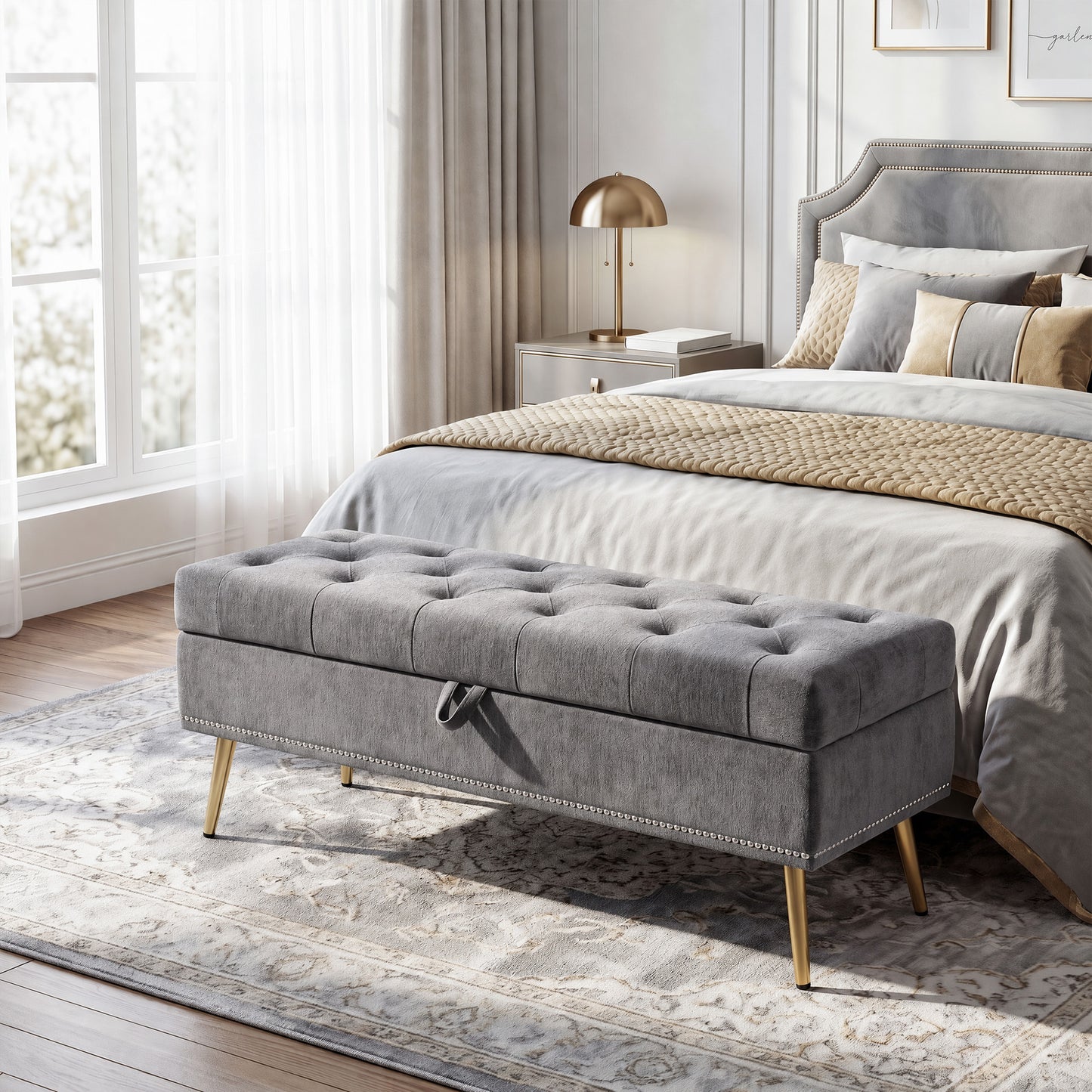 HOMCOM Storage Ottoman, Chenille Upholstered Ottoman Storage Box with Padded Seat, Metal Legs, 114 x 41 x 45 cm, Grey