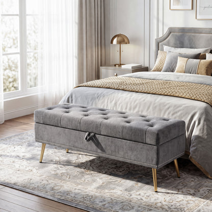 HOMCOM Storage Ottoman, Chenille Upholstered Ottoman Storage Box with Padded Seat, Metal Legs, 114 x 41 x 45 cm, Grey