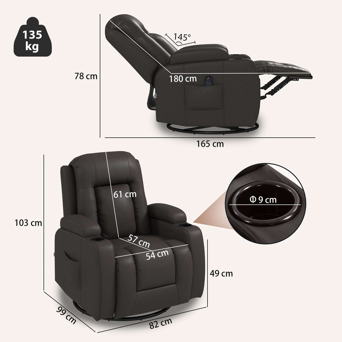 HOMCOM PU Leather Recliner Chair, Recliner Armchair with Extended Footrest, Cup Holders and Side Pockets, Dark Brown