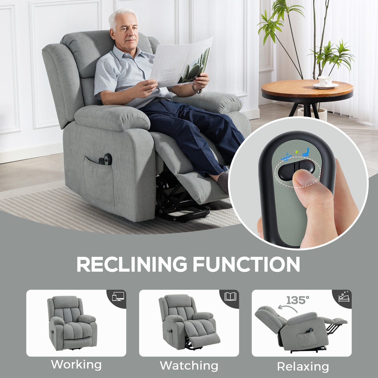 HOMCOM Power Lift Recliner Chair with Vibration Massage, Lift Chair for Elderly with Footrest, Remote, Side Pocket, Light Grey