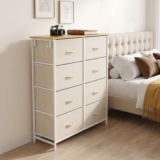 HOMCOM Chest of Drawers, Dresser with 8 Fabric Drawers, Tall Storage Unit with 4 Pockets and 2 Hooks Steel Frame, Beige