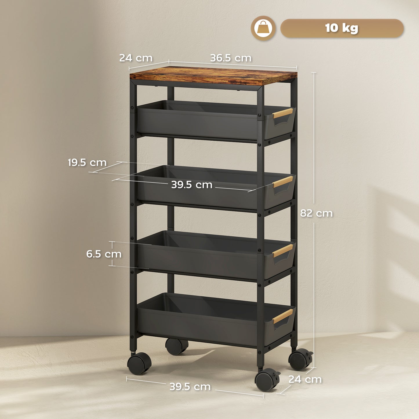 HOMCOM 5-Tier Storage Trolley on Wheels - Black