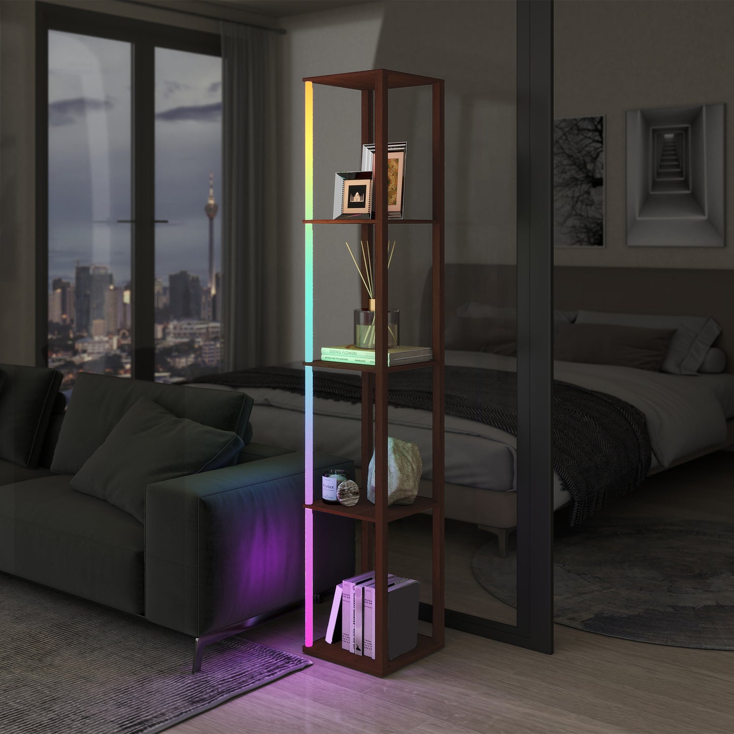 HOMCOM RGB LED Floor Lamp with Shelves, Modern Dimmable Standing Lamp with Remote Control, Adjustable Brightness & Speed for Living Room, Bedroom, Office, Brown