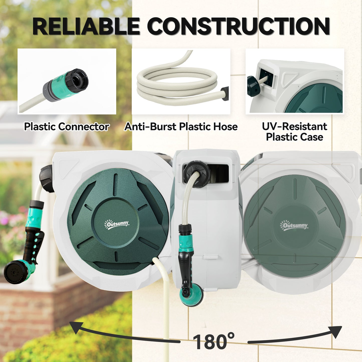 Outsunny Retractable Hose Reel Wall Mounted, 30+2m Garden Hose Pipe Reel with Lock, Auto Rewind, 7 in 1 Spray Nozzle, Includes Wall Fixings, 180° Swivel, Outdoor Watering, 59 x 23 x 42 cm, Grey