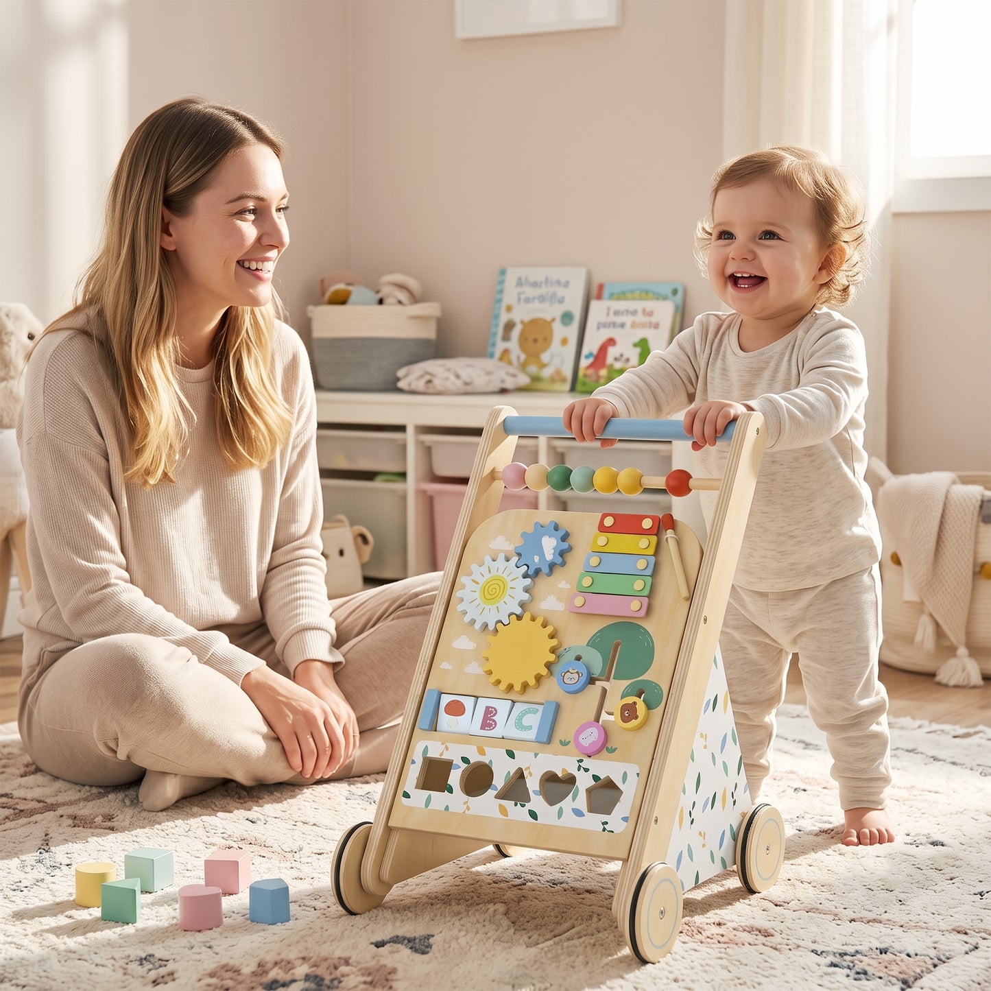 AIYAPLAY Wooden Baby Walker, Toddler Push Along Walker with Speed Control, Activity Centre and 5 Blocks for 18 Months+, Natural