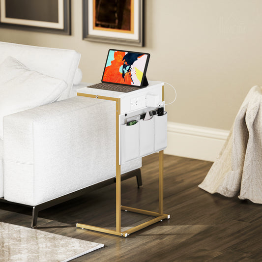 HOMCOM C-Shaped Bedside Table with Charging Station, Marble Grain Side Table with Power Outlets & USB Ports, Storage Bags, for Bedroom, Living Room, White-Nightstands-ChewyGames-ChewyGames