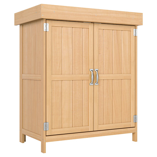 Outsunny Small Shed, Wooden Garden Shed with Openable Hinged Roof and Removable Shelf, Outdoor Tool Storage Cabinet Chest with Double Doors, 74 x 43 x 88 cm, Natural Wood Finish