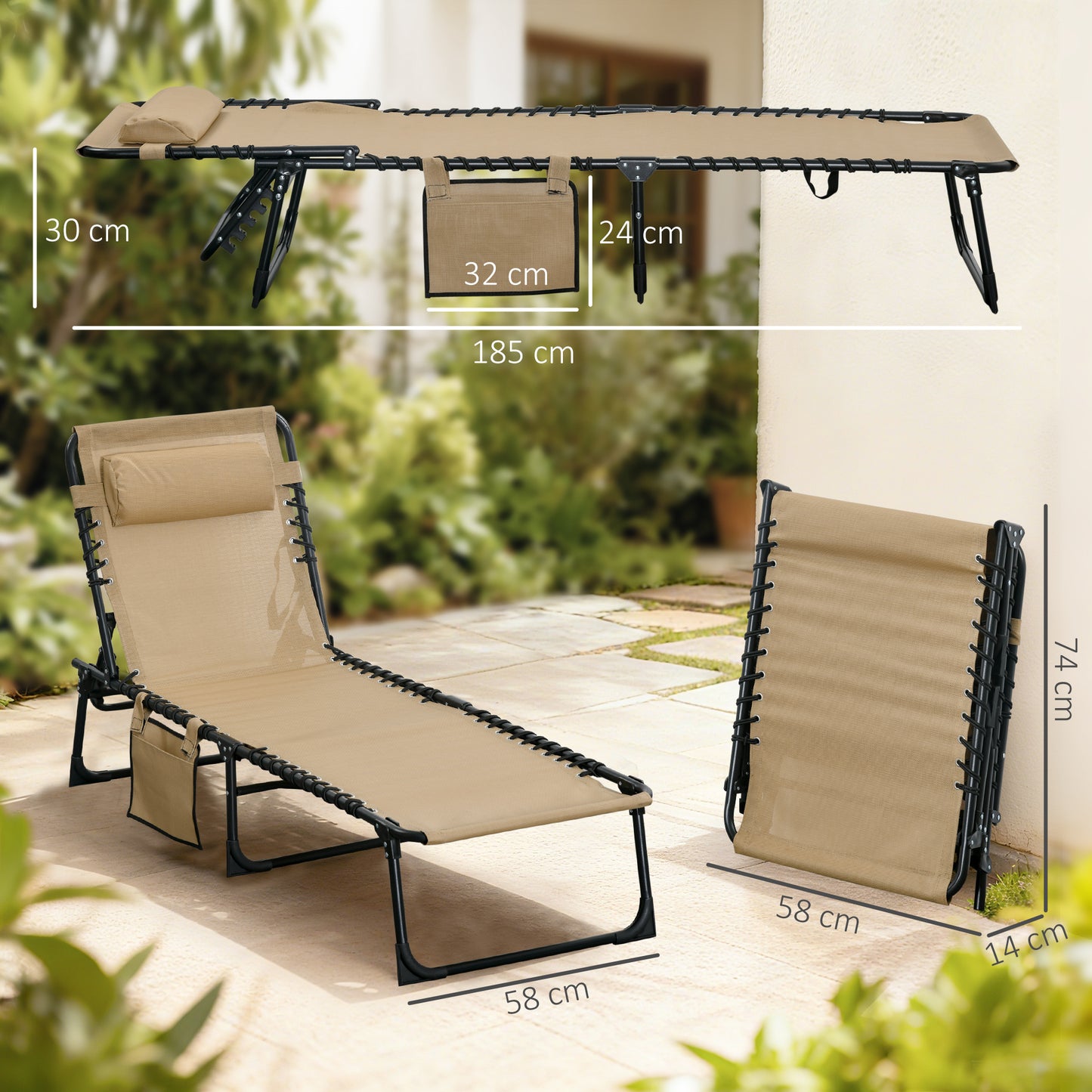 Outsunny Portable Sun Lounger, Folding Camping Bed Cot, Reclining Lounge Chair 5-position Adjustable Backrest with Side Pocket, Pillow for Patio Garden Beach Pool, Beige