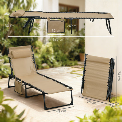 Outsunny Portable Sun Lounger, Folding Camping Bed Cot, Reclining Lounge Chair 5-position Adjustable Backrest with Side Pocket, Pillow for Patio Garden Beach Pool, Beige