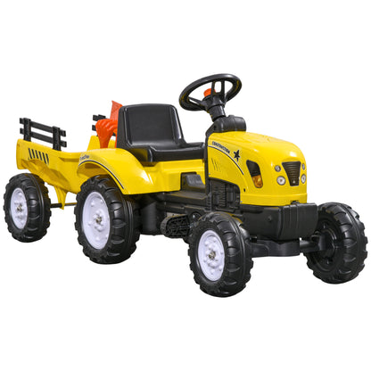 HOMCOM Kids Ride on Tractor with Back Trailer, Shovel & Rake, Horn, Four Wheels Tractor Toy for Child Toddler