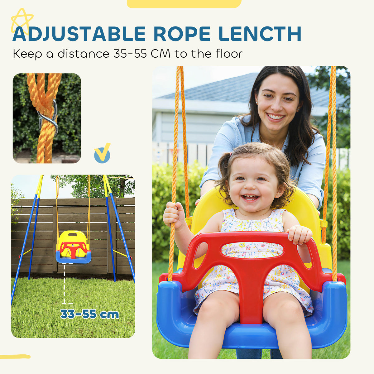 AIYAPLAY 3 in 1 Toddler Swing Set, Folding Child Swing Set with Seat Belt, Adjustable Seat for Outdoor Indoor, Blue