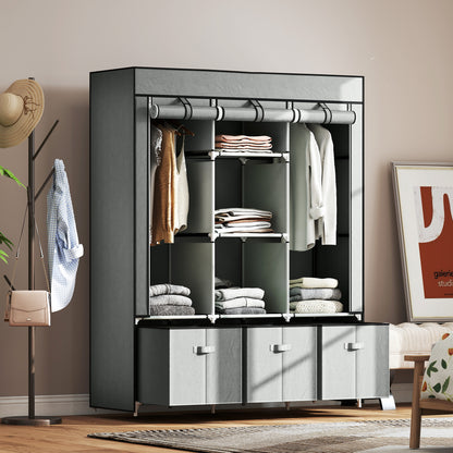 HOMCOM Foldable Fabric Wardrobe for Bedroom, Portable Wardrobe with 5 Shelves, 2 Hanging Rails and 3 Fabric Drawers, Light Grey