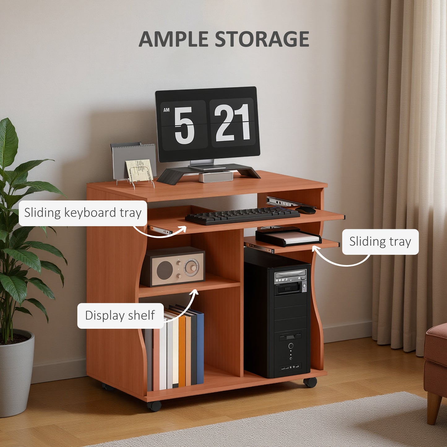 HOMCOM Multi-Storage Compact Work Desk, with Wheels - Cherry Wood Colour--ChewyGames-ChewyGames