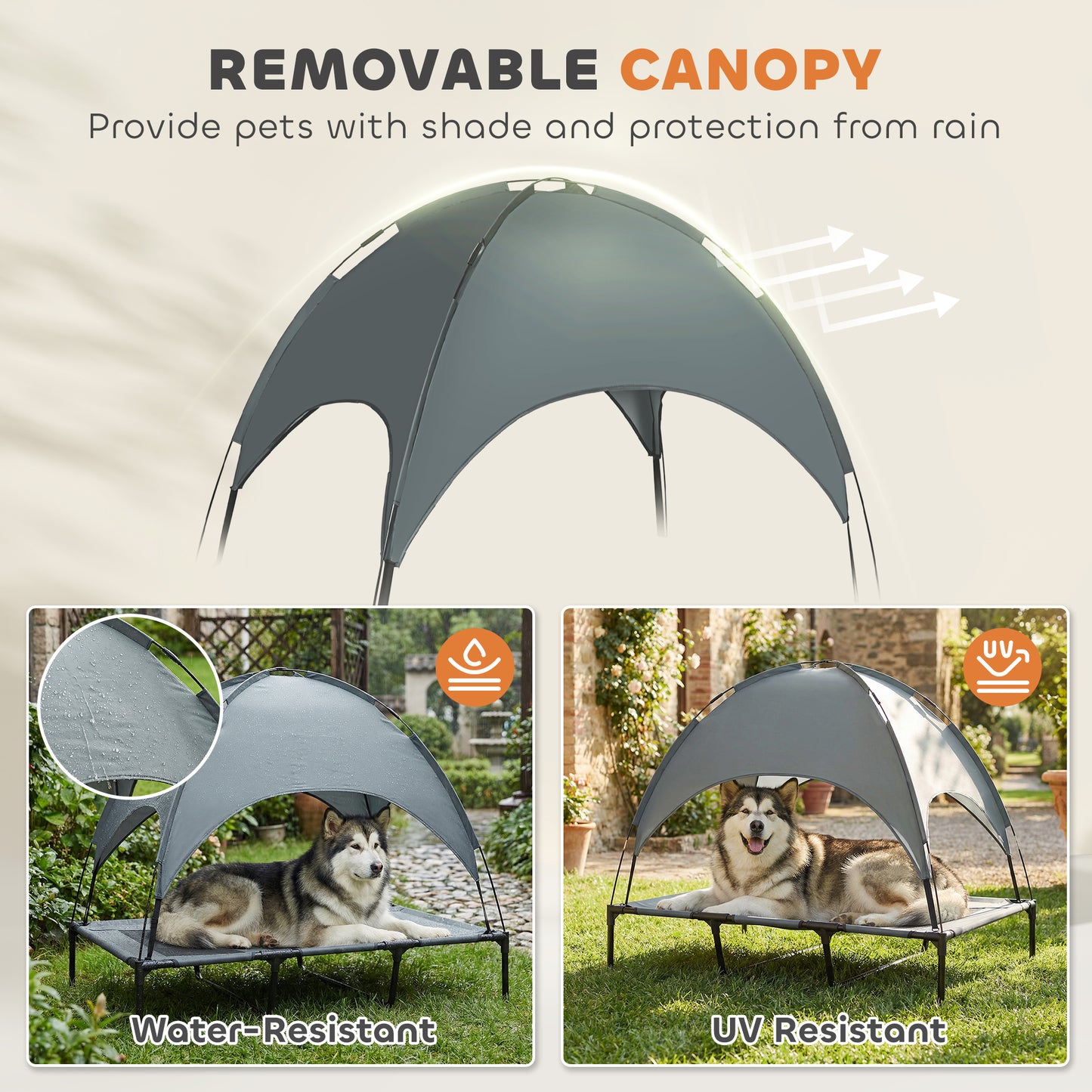 PawHut Outdoor Dog Bed with Removable Canopy, Portable Raised Dog Bed for Camping, Garden & Beach, Water-Resistant UV-Protection Mesh Pet Cot Sun Lounger, for XL Pets, 122 x 92 x 108 cm, Grey-Pet Cots-ChewyGames-ChewyGames