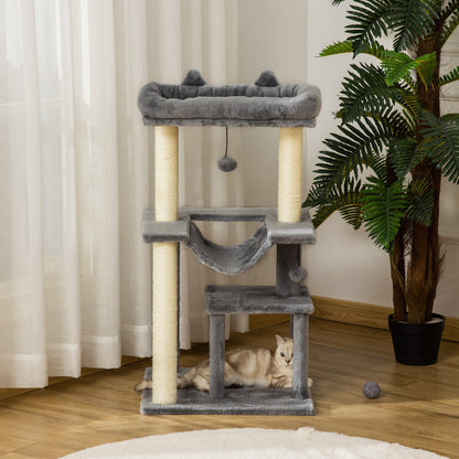 PawHut Cat Tree, 90cm Cat Tower with Sisal Scratching Posts, Cat Condo, Hammock, Top Perch and 2 Hanging Toys for Cats, Grey