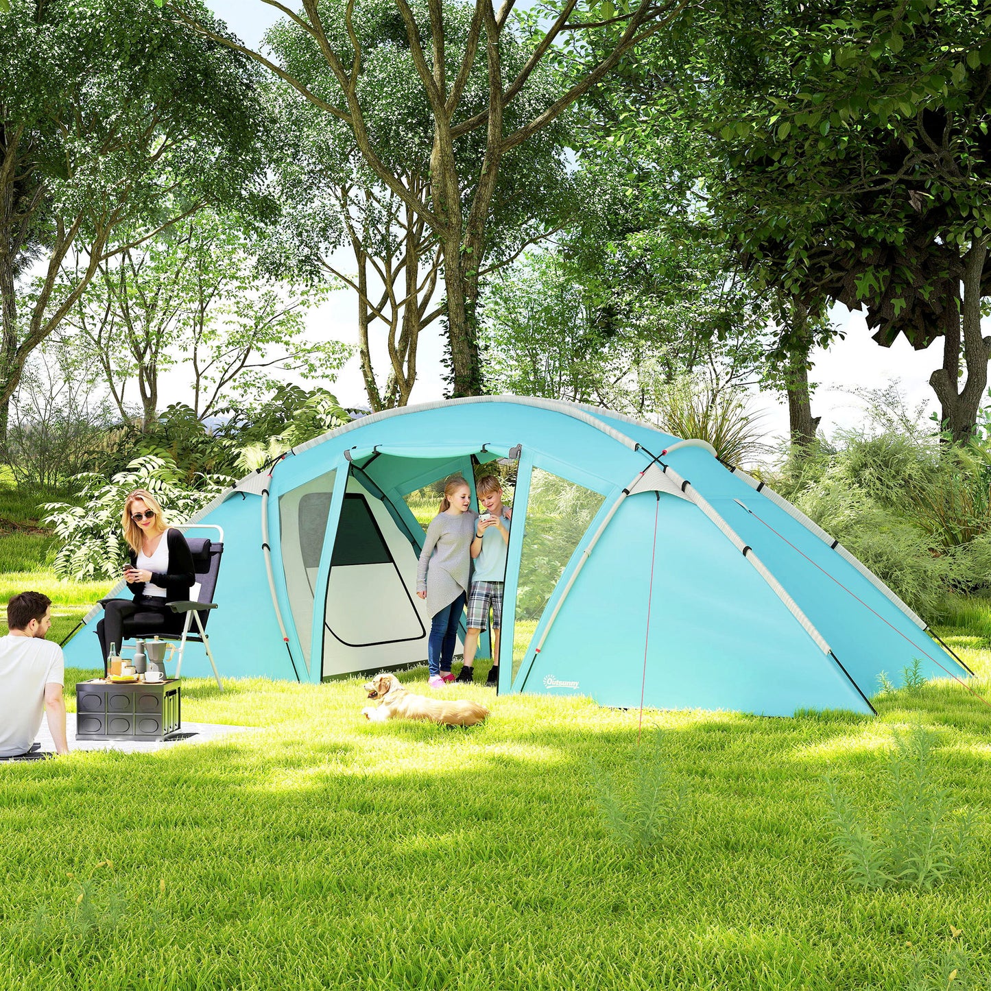 Outsunny 4-6 Man Family Camping Tent w/ 2 Bedrooms and a Living Room, Waterproof Tunnel Tent w/ Sewn In Groundsheet, Doors, Windows, Carry Bag, Blue