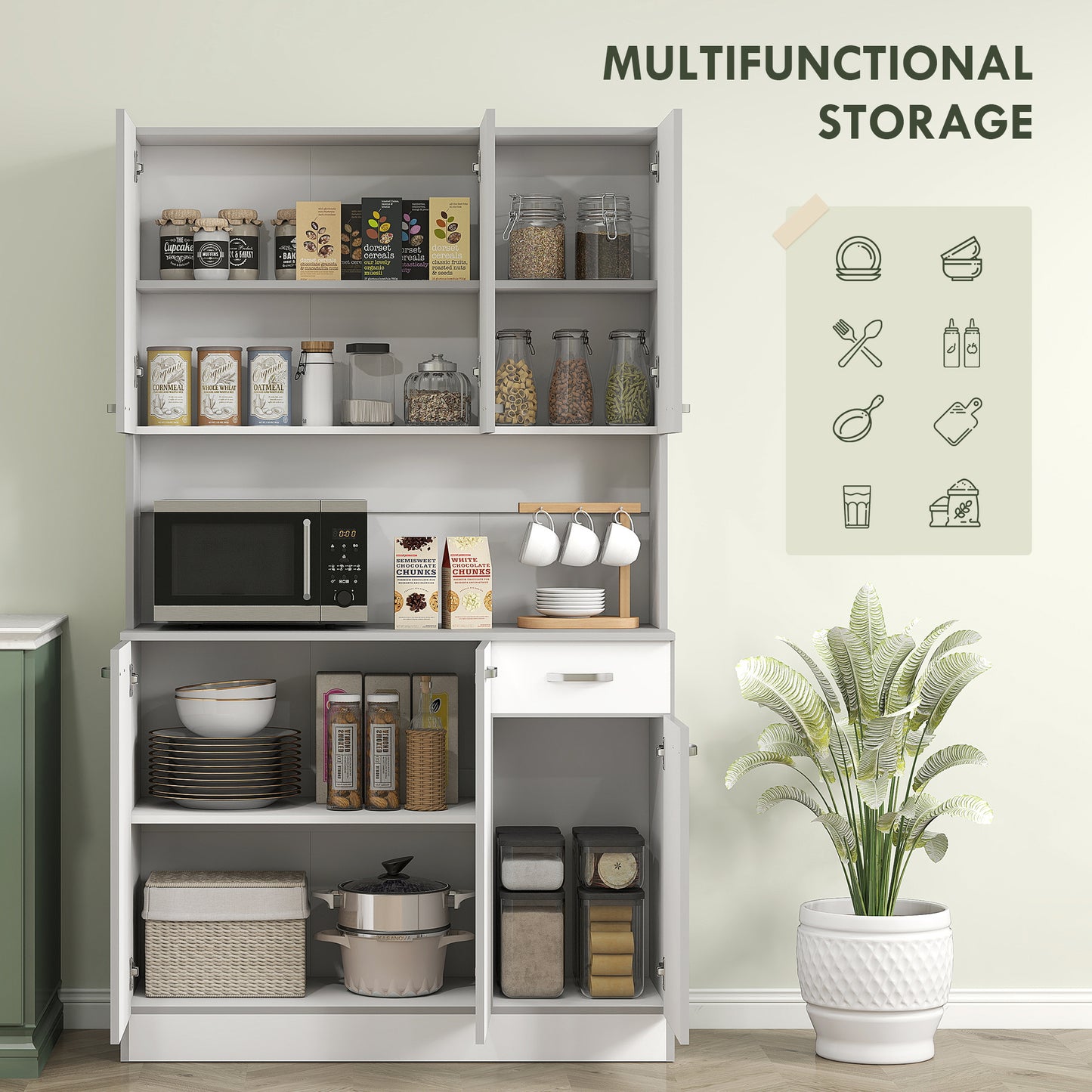HOMCOM Kitchen Cupboard, Freestanding Kitchen Storage Cabinet with 6 Doors, Drawer, Adjustable Shelves and Open Countertop for Dining Room, White