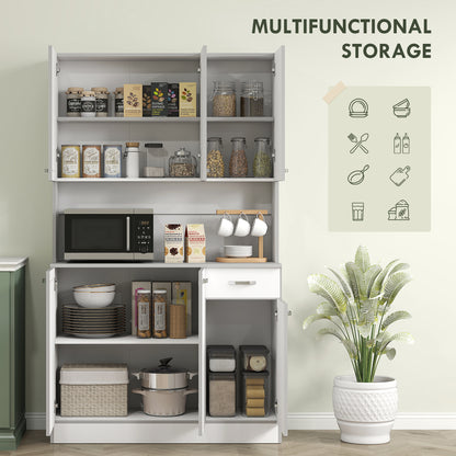 HOMCOM Kitchen Cupboard, Freestanding Kitchen Storage Cabinet with 6 Doors, Drawer, Adjustable Shelves and Open Countertop for Dining Room, White