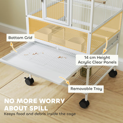 PawHut Bird Cage with Rolling Stand, Acrylic Viewing Panels, Storage Shelf, for Budgie, Parakeet, 48 x 46 x 83 cm