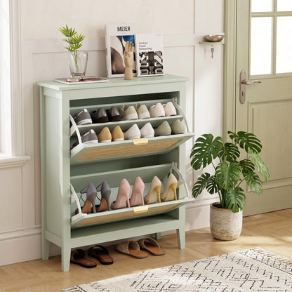 HOMCOM Narrow Shoe Cabinet, Boho Slim Shoe Storage Cabinet with 2 Flip Drawers, Holds 14 Pairs, Light Green