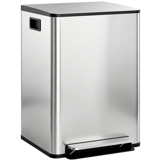HOMCOM 60L Dual Compartment Stainless Steel Bin, with Deodoriser Holders - Silver Tone