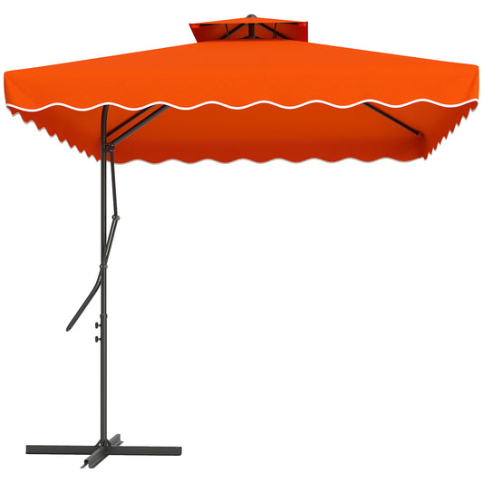 Outsunny 2.5m Cantilever Parasol with Easy Lever, Square Double Top Garden Parasol Umbrella with Ruffles and Cross Base, Overhanging Outdoor Sun Shades, Orange-Cantilever Umbrellas-ChewyGames-ChewyGames