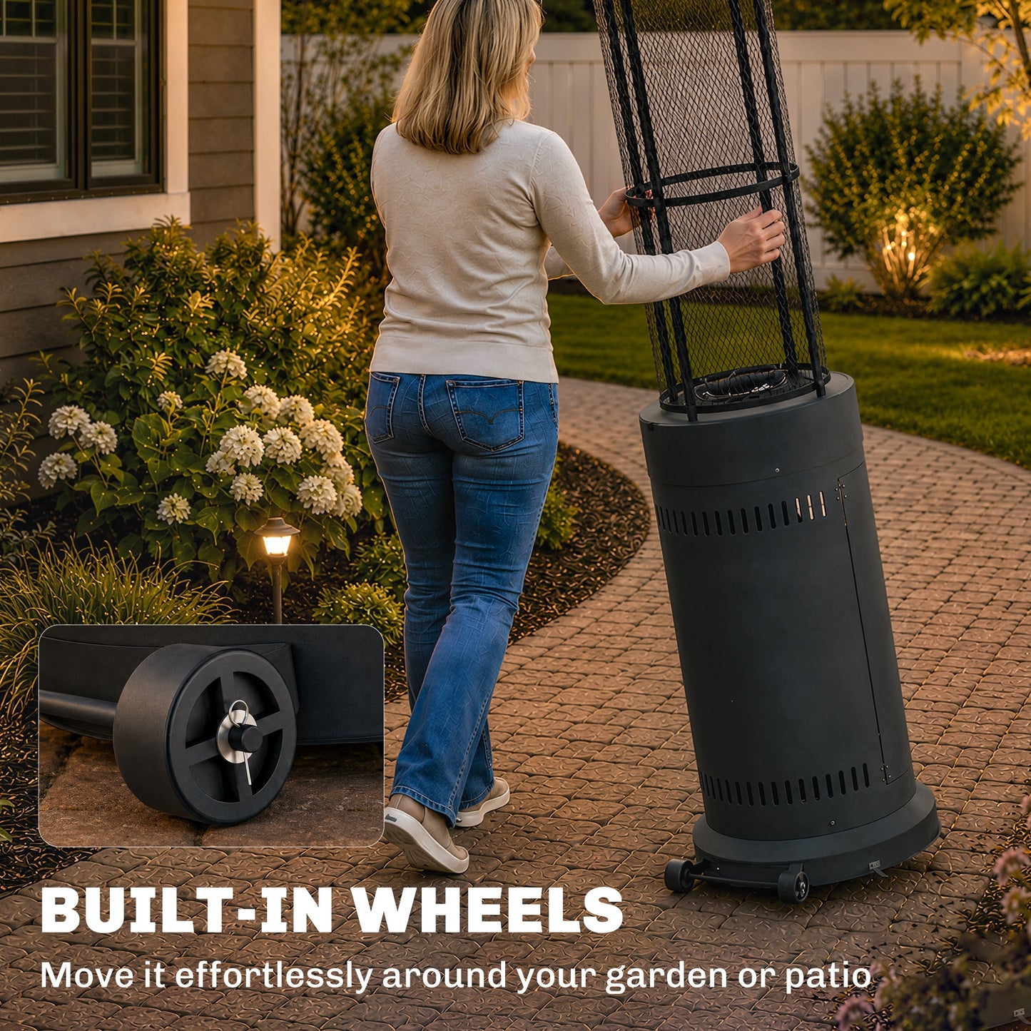 Outsunny 11 KW Freestanding Gas Patio Heater, Adjustable Outdoor Garden Propane Heater with Tip-Over Switch, Wheels, Pulse Ignition, Tank Room with Openable Door, Black