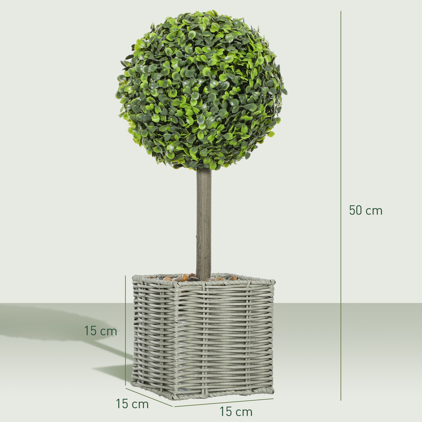 HOMCOM Set of 2 Decorative Artificial Plants, 50cm Faux Boxwood Topiary Balls with Woven Plastic Pot and Pebbles, Fake Plants for Home or Office Decor, Green-Artificial Trees-ChewyGames-ChewyGames