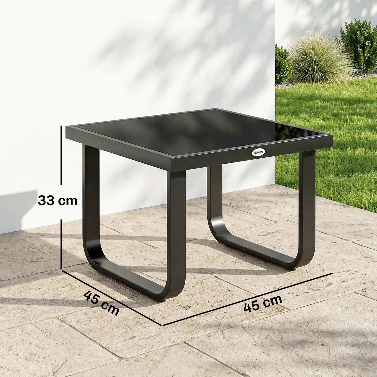 Outsunny Outdoor Garden Coffee Table, Rectangle Metal Side Table with Tempered Glass Tabletop, Adjustable Foot Pads-Coffee Tables-ChewyGames-ChewyGames