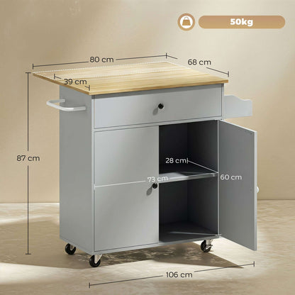 HOMCOM Kitchen Island with Drop Leaf, Rolling Kitchen Storage Trolley on Wheels with Drawer, Spice Rack and Towel Rack, Grey